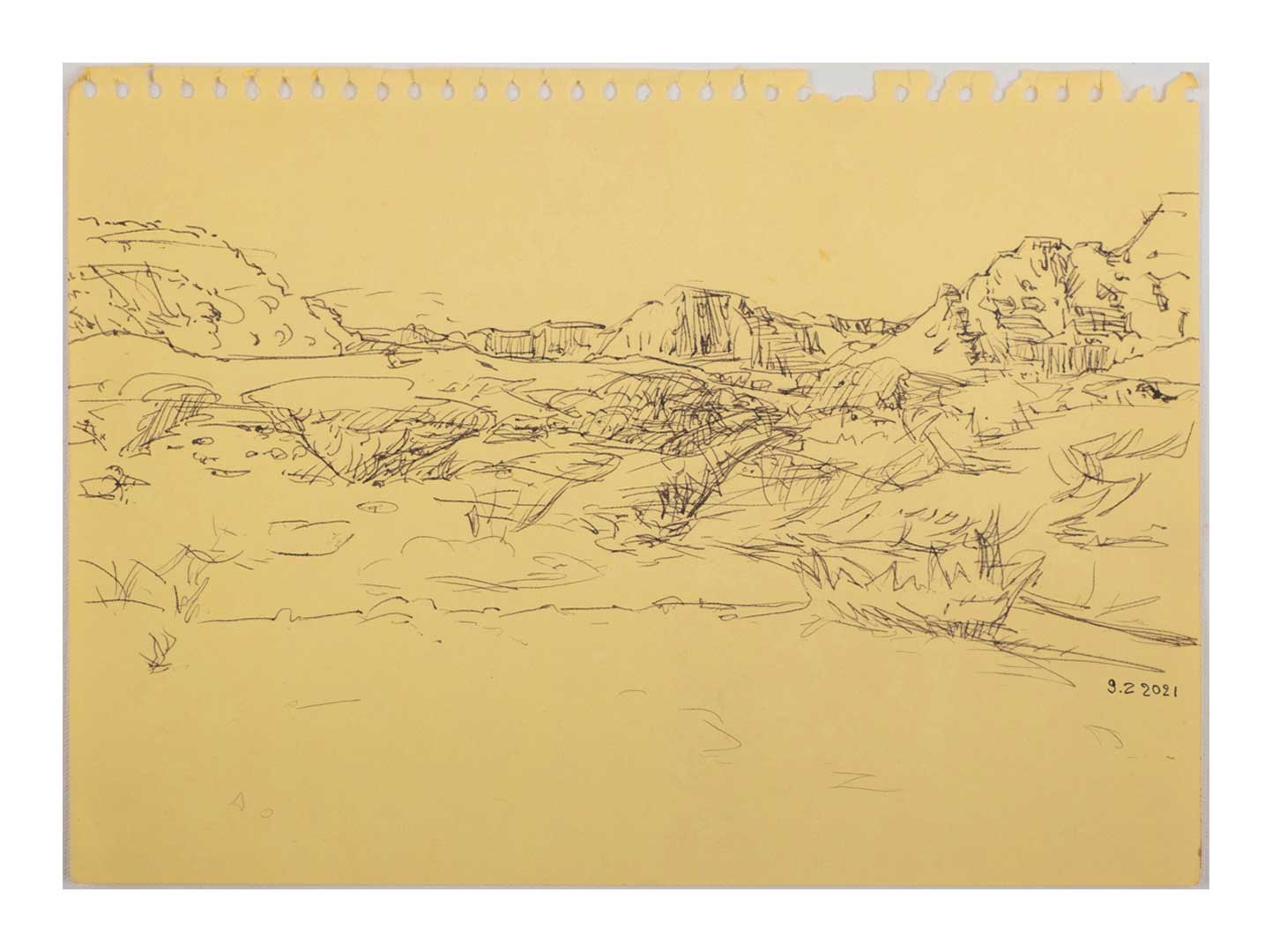 Sourena Zamani-Exile Landscape Sketches-no.19-21x29cm-2021-ink on yellow paper