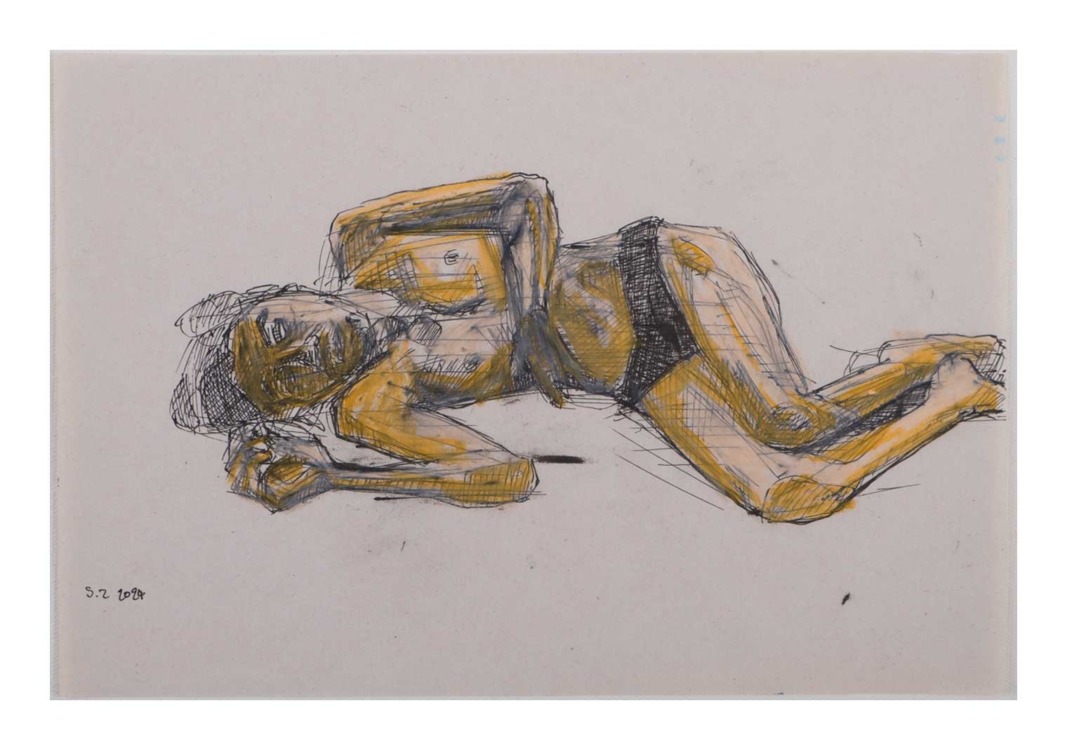 Sourena Zamani-Exile Maadi Sketches-no.39-17x25cm-2024-Ink and oil pastel on paper